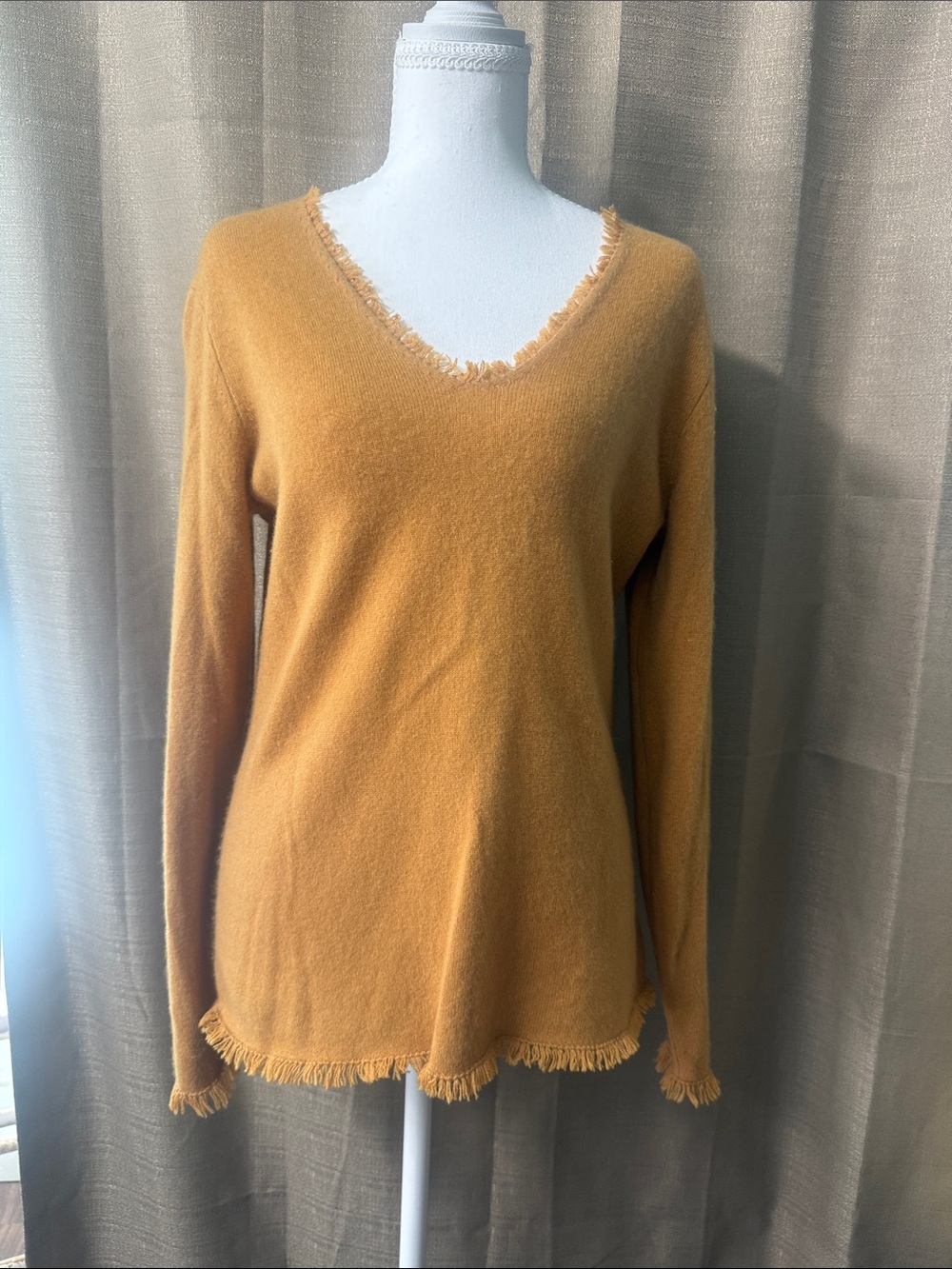 Peck & Peck Mustard V-Neck Fringe Trim Sweater